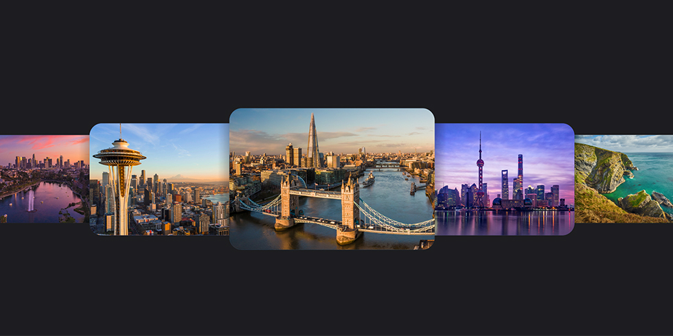 Luftaufnahmen von Seattle, London und Shanghai.