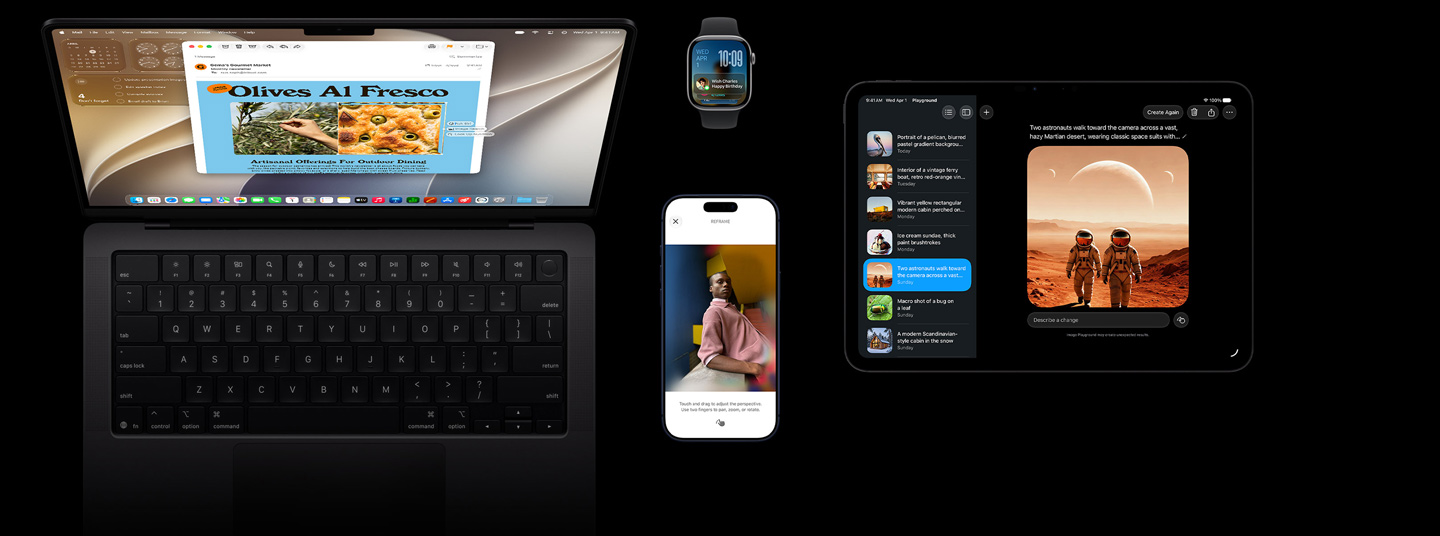 Čtyři produktů, temně modrý iPhone 17 Pro, 42mm vesmírně šedé Apple Watch Series 11, vesmírně černý 14palcový MacBook Pro a vesmírně černý 11palcový iPad Pro.