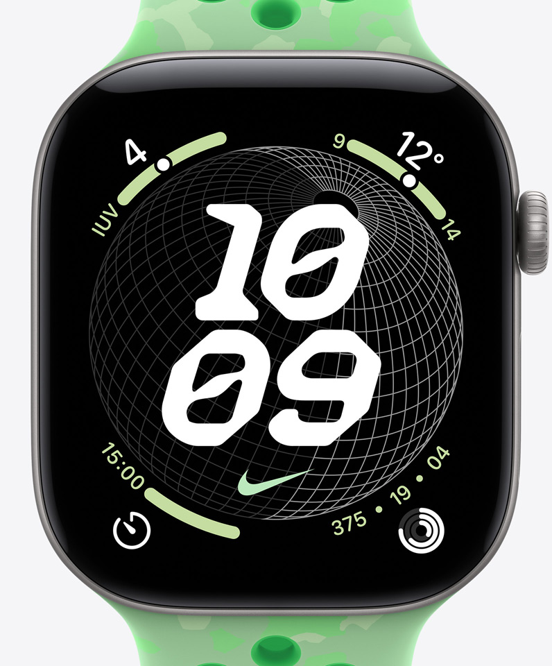 Esfera Nike Globo, hora, logo de Nike, complicaciones: índice UV, tiempo, temporizador, anillos de Actividad