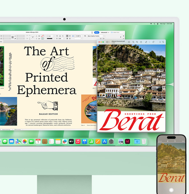 iMac verde e iPhone lado a lado. Um documento digitalizado no iPhone aparece no ecrã do iMac