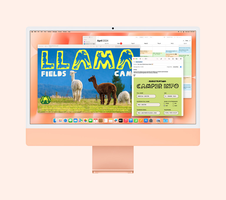 iMac laranja: o ecrã mostra as apps Pré‑visualização, Mail e Calendário a serem utilizadas.