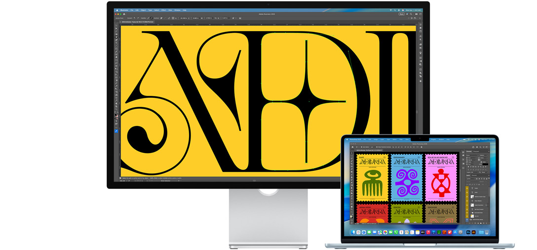 Studio Display e portátil Mac a mostrar um projeto a ser trabalhado em vários programas Adobe. O Studio Display apresenta um grande plano de texto a preto num fundo amarelo-vivo, para demonstrar como o revestimento antirreflexo ajuda a reduzir o brilho