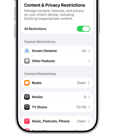 iPhone menampilkan opsi konten dan pembatasan privasi untuk Akun Anak.