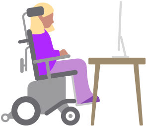 Person in motorized wheelchair looking at a Mac computer on a desk