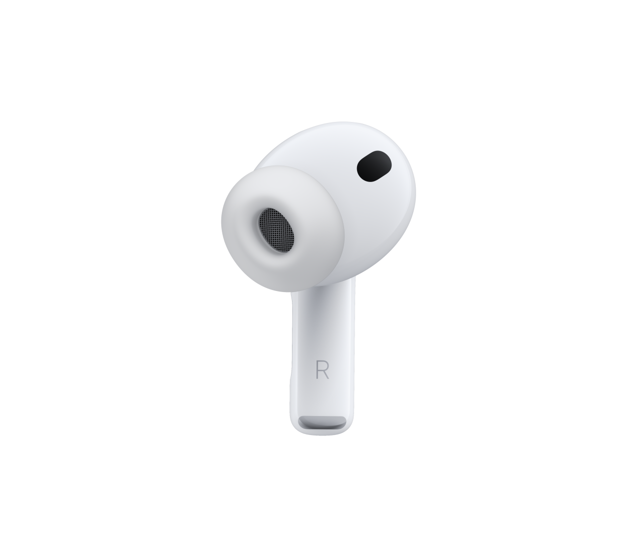 AirPods Pro 3, blancos, micrófono de cancelación de ruido, almohadilla de silicona, parte inferior corta con la letra R