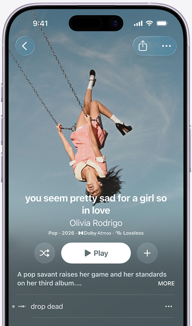 iPhone screen displaying the Olivia Rodrigo album "you seem pretty sad for a girl so in love" on Apple Music