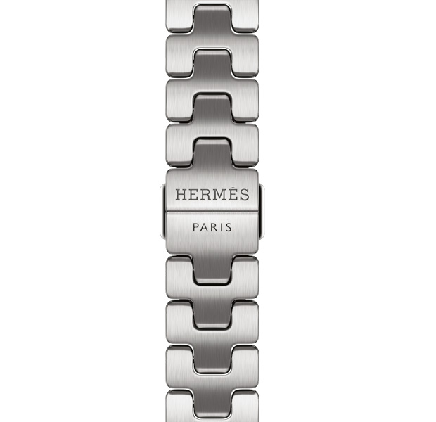 Bracelet Grand H Fin Apple Watch Hermès Series 12, satiné, logo Hermès gravé sur la boucle