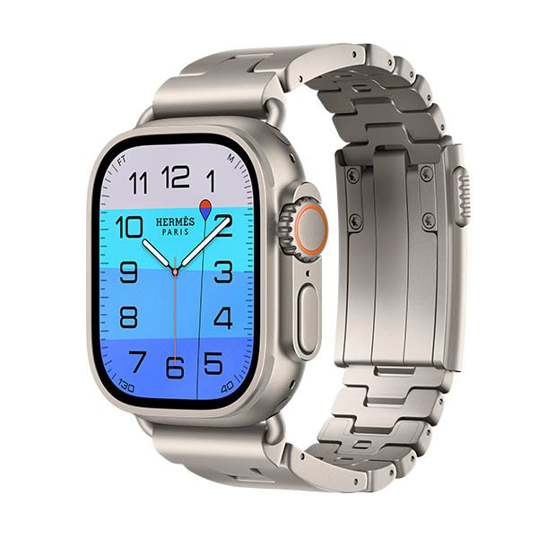 Apple Watch Hermès Ultra 4, Fathom and Wonder analog watch face (hour, minute, and second hands, Depth complication, with an orange buoy floating on top of a turquoise ocean with a gradient from light to medium blue), titanium case, natural color, right side exterior, Digital Crown, raised side button, paired with Grand H Titane band, Gris Titane color