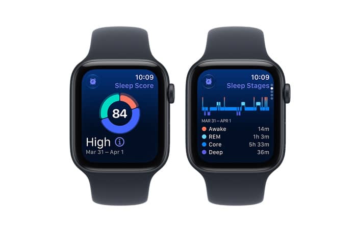 Apple Watch SE 3, screen shows sleep tracking features, aluminum case, midnight color (black), Sport Band, black color