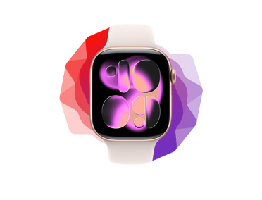 Apple Watch, front exterior, Apple Watch silhouette fans out from behind into spectrum of purple and red colors