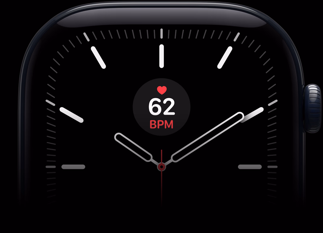 Apple Watch Series 12, Aluminiumgehäuse, Farbe Schwarz, Meridian Zifferblatt mit Herzfrequenz Komplikation, rechte Seitenansicht, Digital Crown