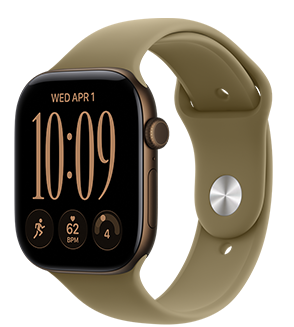 Apple Watch Series 12, aluminiumboett i mörk brons, urtavlan Moduler kompakt, komplikationer: dag och datum, löpträning, puls, dagsform, höger sida, Digital Crown, sidoknapp, sportband i färgen oliv