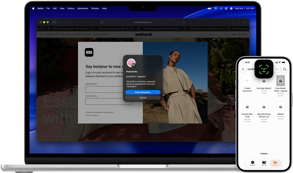 MacBook featuring Touch ID window, with macOS Tahoe wallpaper, and in front of the MacBook is an iPhone featuring Face ID screen.