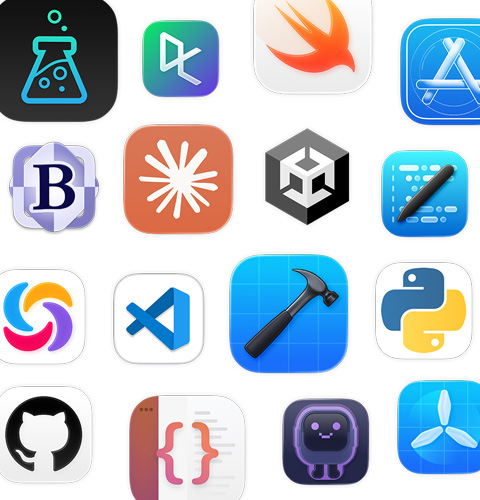 An array of coding app icons, including Unity Editor, DataCamp, Swift Playground, and Apple Developer.
