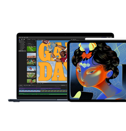 Mac screen shows Final Cut Pro, iPad screen shows Procreate Dreams