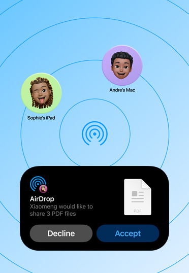 AirDrop interface, showing a request to share three PDF files, with options to decline or accept.