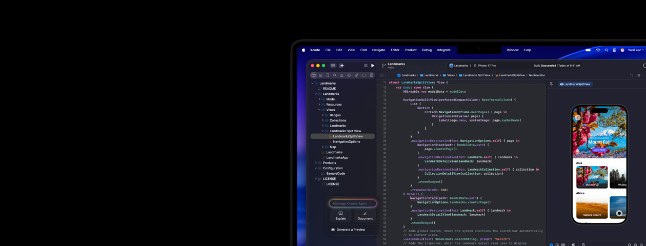 Xcode running on Mac, featuring AI coding assistant Claude Agent and app preview on iPhone
