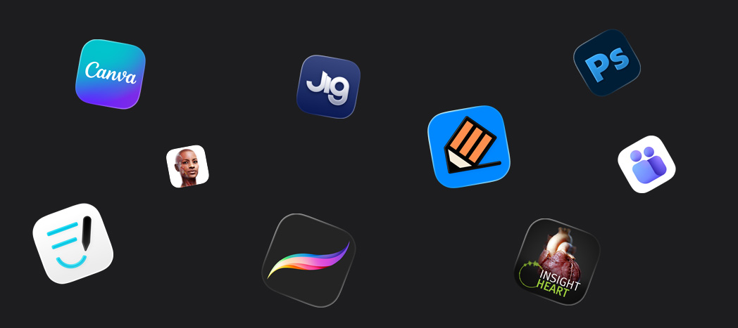 Burst of app partner icons including Goodnotes, Canva, Complete Anatomy, Procreate, JigSpace, Notability, INSIGHT HEART, Adobe Photoshop, Microsoft Teams