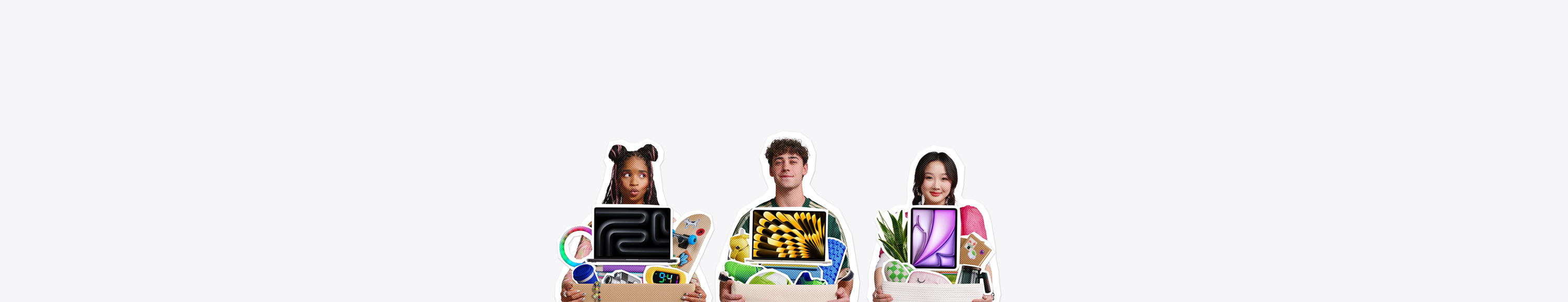 Students carrying various MacBook and iPad models, along with dorm room essentials in rectangular containers