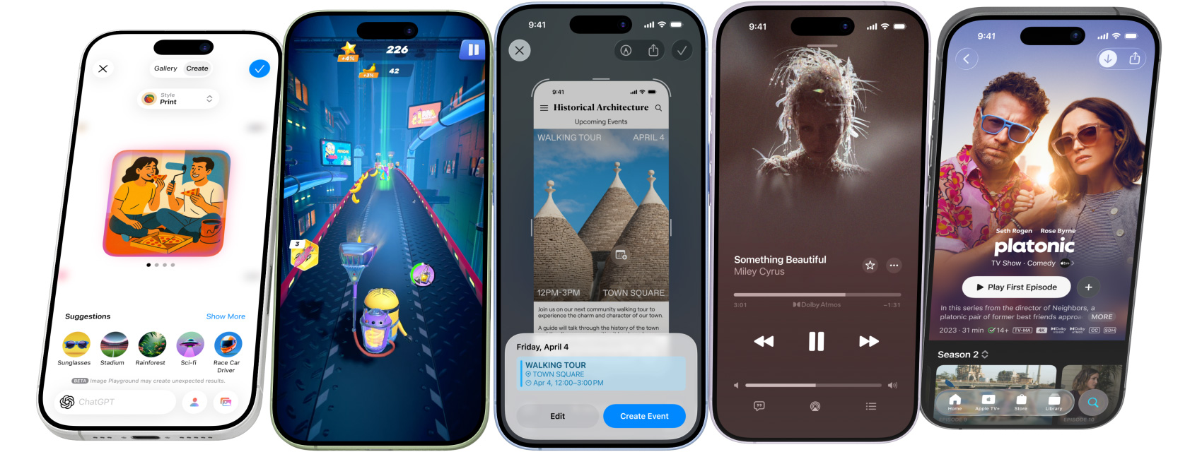 iPhone 17 devices spinning end over end, stopping on screens showing iPhone features