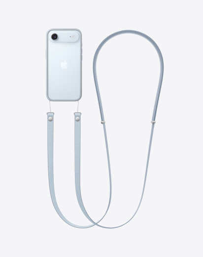 iPhone Air, zadná vonkajšia strana, s pripevneným svetlosivým ochranným rámikom s crossbody šnúrkou