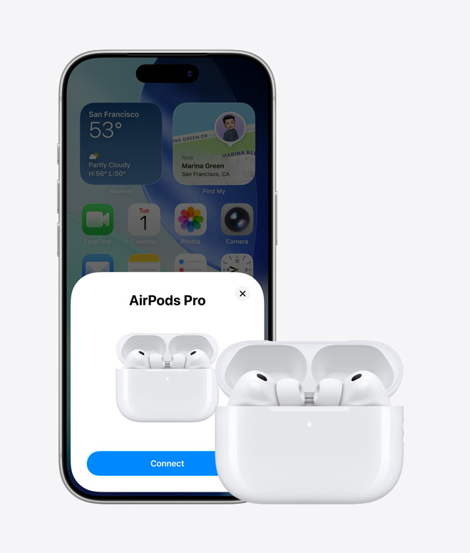 iPhone 17 Pro, front exterior, home screen in background, AirPod connection pop-up on screen, AirPods in open case next to iPhone