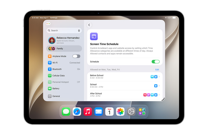 iPad Pro 11 pollici, color argento, il display mostra le opzioni di Tempo di utilizzo relative a limiti e orari in Impostazioni, per autorizzare tempi e categorie di contenuti per bambini e bambine